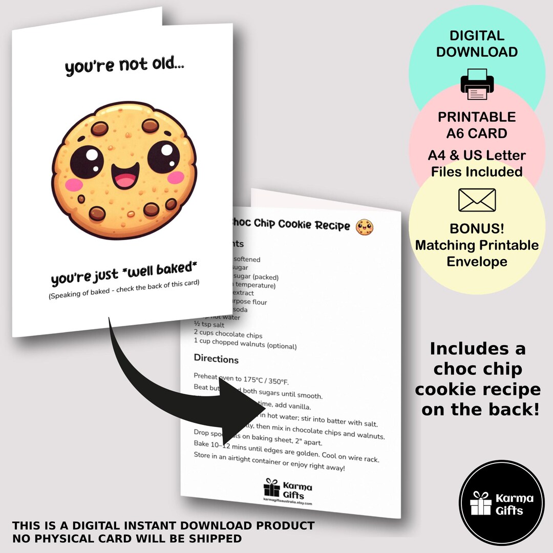 Printable Choc Chip Cookie Birthday Card With Recipe, Funny Cookie Pun ...
