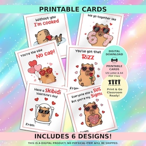 Walentynkowe kartki dla dzieci ze slangiem, zabawny zestaw klasowy z kapibarą, nastoletnie pokolenie alfa, walentynki do wydrukowania w klasie szkolnej, popularne memy