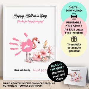 Printable Mother&#39;s Day Handprint Art Gift, Pink Flamingo, Kid&#39;s Craft, Last Minute Gift for Mom, Grandma, Thanks for being flamazing