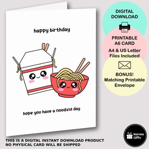 Biglietto di auguri stampabile per il giorno di Noodiful, divertente biglietto per gli amanti dei noodle, grazioso biglietto di auguri A6, download immediato, busta C6 stampabile abbinata