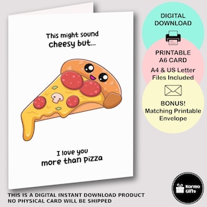 Afdrukbare pizza Happy Valentine's Day of Anniversary Card, grappige woordspeling wenskaart, bijpassende afdrukbare envelop, I Love You More Than Pizza