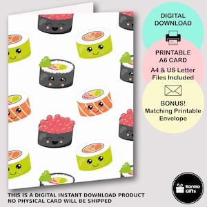 Tarjeta de felicitación de sushi imprimible para cualquier ocasión, linda tarjeta para amantes del sushi, sobre imprimible a juego, patrón de sushi 1