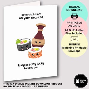 Druckbare neue Job-Glückwünsche Sushi-Wortspiel Karte, lustige Arbeitskollegen A6 Grußkarte, sofortiger Download, passender druckbarer C6-Umschlag