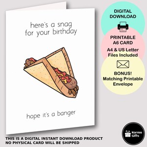 Printable Snag Banger Bday Happy Birthday Card, Aussie Food Pun A6 Greeting Card, Instant Download, Matching Printable C6 Envelope