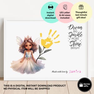 Arte imprimible con huellas de manos de hadas, Sueña en grande, brilla más, brilla intensamente, regalo de último minuto, manualidad fácil para niños, diseño de flor de hada 1