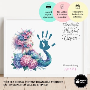 Arte imprimible con huella de mano de sirena, Brilla con luz propia, Sirenita, El mundo es tu océano, Regalo de último minuto, Manualidad fácil para niños, Actividad para niños pequeños