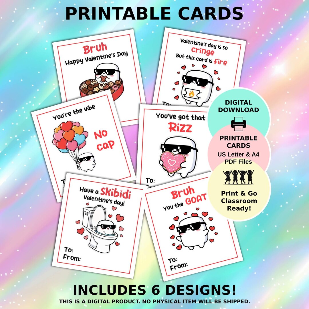 Funny Kids Slang Valentine's Day Cards, Teen Tween Gen Alpha, Printable ...
