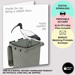 Druckbare Bin Huhn Muttertagskarte, lustige Aussie Ibis Wheelie Bin Grußkarte, Instant Download, passender druckbarer C6 Umschlag