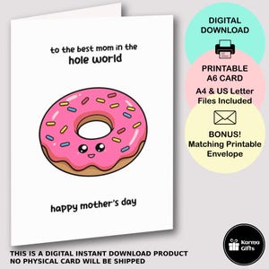 Cartão de Dia das Mães com Rosquinhas para Imprimir, Cartão de Feliz Dia das Mães com Rosquinhas Engraçadas e Engraçadas, Envelope para Imprimir Combinando, A Melhor Mãe do Mundo