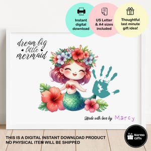 Arte imprimible con huella de mano de sirena, Sueña en grande con la Sirenita, Regalo de último minuto, Manualidad imprimible fácil para niños, Actividad para bebés, Sueño de sirena 2