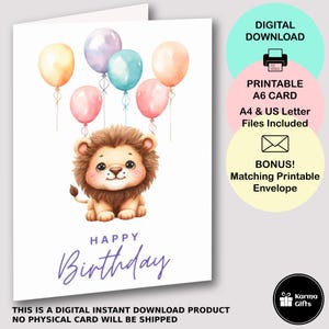 Printable Kid's Lion Birthday Card, Cute A6 Greeting Card for Kids, Happy Bday, Instant Download, Matching Printable C6 Envelope