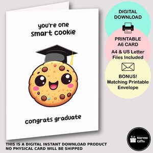 Carte de remise des diplômes imprimable Smart Cookie, jolie carte de félicitations pour diplômés, enveloppe imprimable assortie, jeu de mots drôle de biscuit