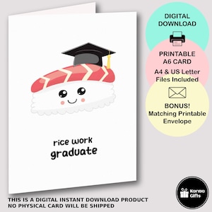 Carte imprimable de remise des diplômes de sushi, carte de félicitations à téléchargement immédiat, enveloppe imprimable assortie, jeu de mots de sushi drôle, diplômé de travail de riz