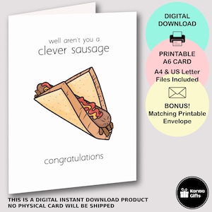 Clevere Wurst Graduierung Glückwunschkarte, Aussie Sausage Sizzle Grußkarte, sofortiger Download, passender druckbarer Umschlag