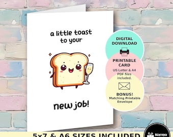 Printable New Job Toast Card, Funny Food Pun Card, Cute Congratulations Greeting Card, Instant Download, Matching Printable Envelope