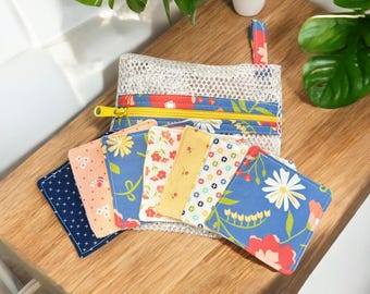 Reusable Makeup Remover Pads - Eco-Friendly Zero Waste Solution with Bright Fun Fabric & Matching Mesh Bag