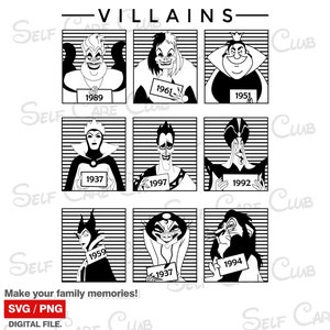 Disney Villains Mugshot Jail Line Up Arte Digital – Ursula, Cruella, Rainha Má, Hades e Mais | Arte de Parede para Imprimir Camiseta Caneca PNG e SVG
