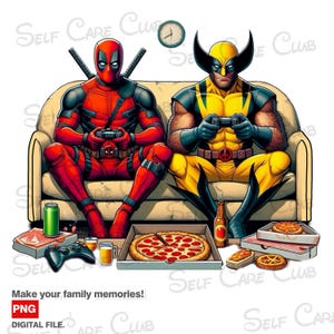 May include: Deadpool and Wolverine are sitting on a sofa playing video games. They are both wearing their signature costumes. There is pizza and beer on the coffee table.