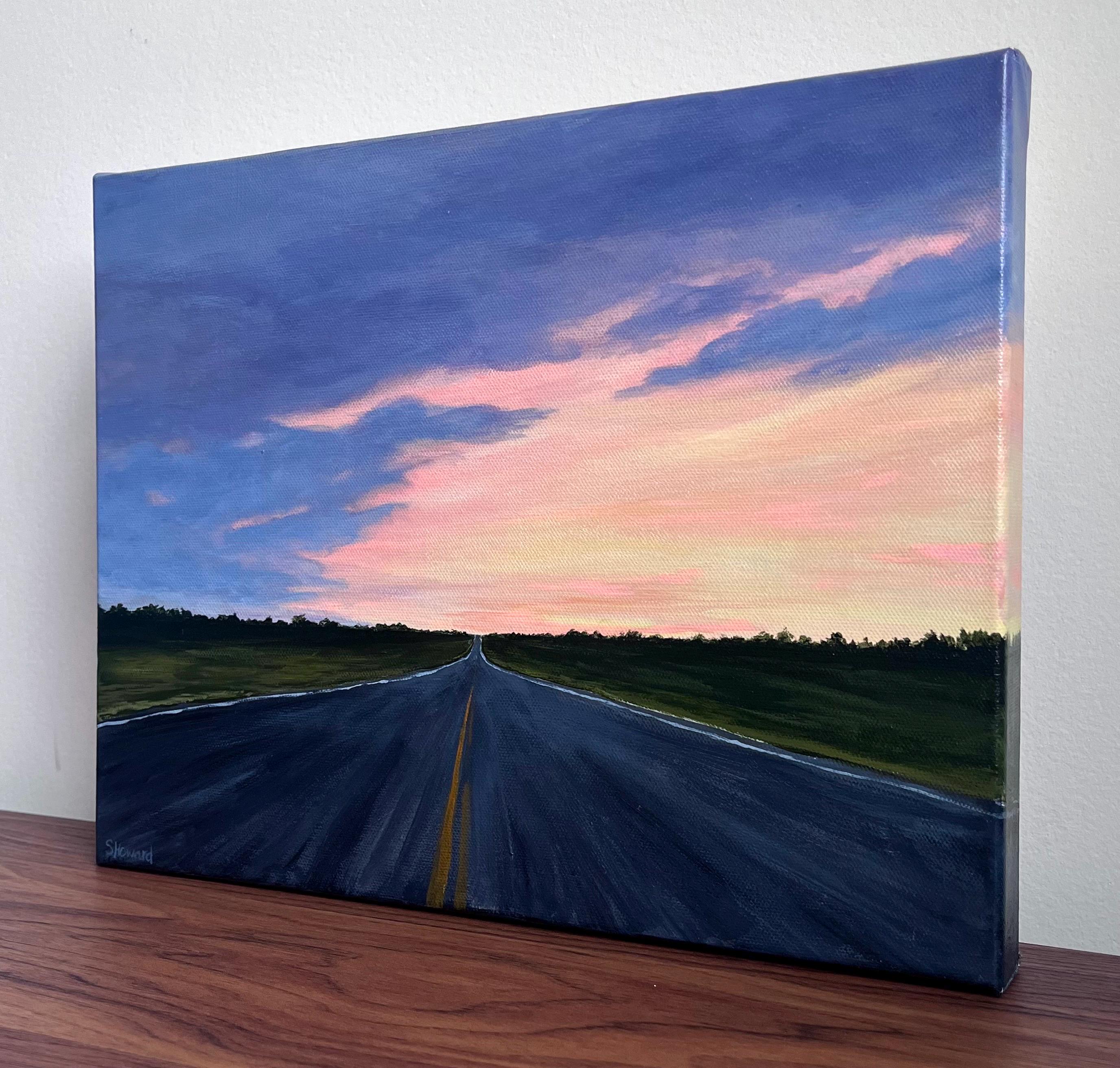 Road, Landscape, Sunset, Original Acrylic Painting on 11” X 14