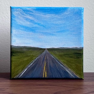 Road, Landscape, Original Acrylic Painting on 4”x4” Canvas