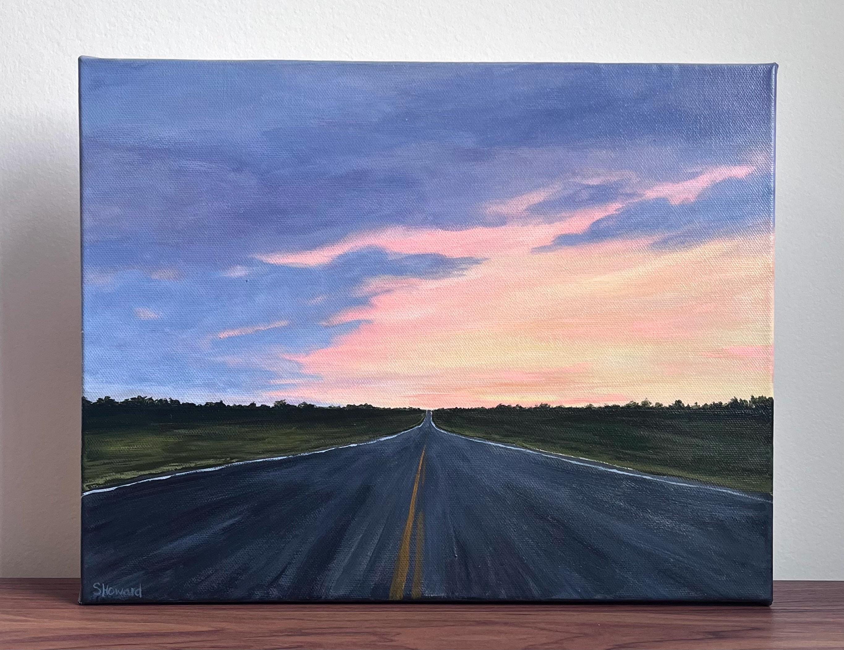 Road, Landscape, Sunset, Original Acrylic Painting on 11” X 14