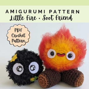 May include: A crochet pattern for a fuzzy orange and yellow fire character with a red mouth and black eyes, and a fuzzy black soot character with large white eyes and yellow star accents. The text reads AMIGURUMI PATTERN Little fire + Soot friend PDF Crochet Pattern.