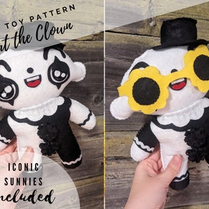 May include: Felt toy pattern for a clown with black hair, a black top hat, and black and white clothing. The clown has large eyes, a red mouth, and yellow sunglasses. The text "Felt Toy Pattern Art the Clown" is at the top of the image. The text "Iconic Sunnies included" is at the bottom of the image.