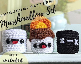 Op de afbeelding: Amigurumi haakpatroon voor een set van drie marshmallow-figuren. De set bevat een witte marshmallow met een vrolijk gezicht, een bruine marshmallow met een verrast gezicht en een zwarte marshmallow met een kruis erop. De tekst "ALL 3 included" staat onder de marshmallows.