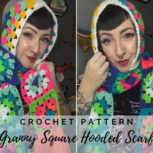 May include: A colorful crochet hooded scarf with granny squares in shades of pink, green, blue, white, and yellow. The scarf is worn by a person with dark hair and a nose ring. The text "CROCHET PATTERN Granny Square Hooded Scarf" is at the bottom of the image.