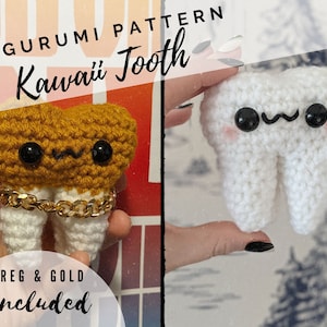 Peut inclure: Un modèle d'amigurumi au crochet pour une dent kawaii. Le modèle comprend des instructions pour une dent normale et une dent dorée. La dent est blanche avec des yeux noirs et un fard à joues rose.
