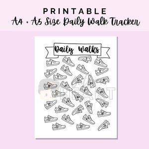 May include: A printable daily walk tracker sheet featuring the text "PRINTABLE A4 + A5 Size Daily Walk Tracker" at the top and a banner reading "Daily walks". The page contains 31 black and white line art illustrations of sneakers, each numbered from 1 to 31.