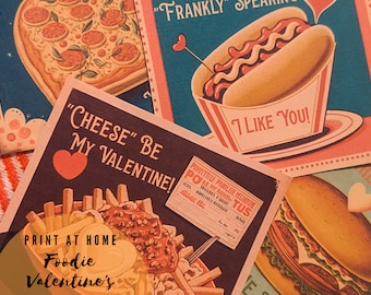 Imprimir en casa - San Valentín de comida chatarra de inspiración vintage - Imprimibles de tarjetas de San Valentín de los años 50 - San Valentín imprimible para niños lindos - Impresión en PDF