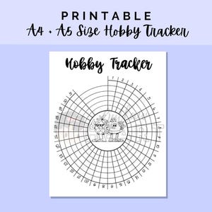 Könnte beinhalten: Ein druckbares Hobby-Tracker-Blatt mit dem Text "PRINTABLE A4 + A5 SIZE HOBBY TRACKER" oben und "Hobby Tracker" über einem kreisförmigen Diagramm. Das Diagramm enthält nummerierte Segmente von 1 bis 31 und eine zentrale Illustration zweier Figuren.