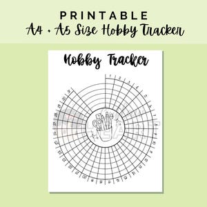 May include: A printable A4 and A5 size hobby tracker sheet with black lines on a white background. The design features a circular grid numbered 1 through 31, with a central illustration of a cup containing scissors, pens, and a ruler.