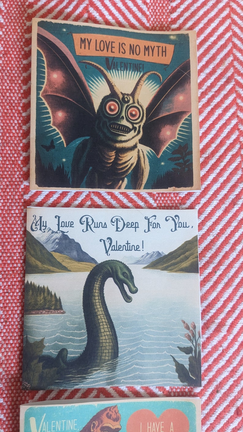 May include: Three vintage Valentine's Day cards featuring illustrated monsters. The first card shows a creature with large wings and glowing red eyes. The second card shows a green sea monster with a long neck. The third card shows a red heart with the text "I have a crush on you".