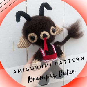 May include: A dark brown crocheted amigurumi creature with black horns, large black eyes, beige ears, and a long red tongue. It wears a red apron with white trim and has a tufted tail. The text reads AMIGURUMI PATTERN Krampus Cutie.