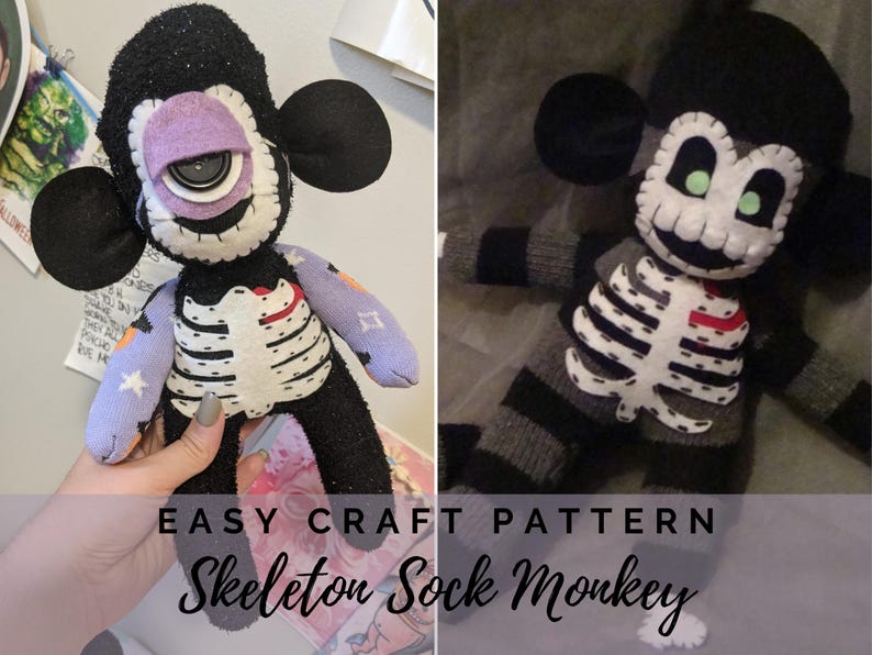 Goth Sock Monkey - Gift for Teenager - Handmade Gift - Skeleton Sock Monkey - DIY Toy - Alt Baby Shower Gift - Alt Kids Toy - Creepy Cute Handmade Stuffed Toy - Easy DIY - Beginner DIY - Rockabilly Baby Shower - Punk Baby Shower