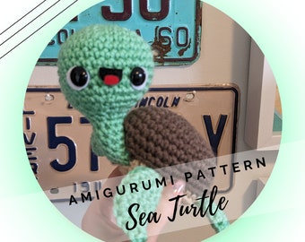 May include: A crochet amigurumi pattern for a sea turtle. The pattern includes instructions for making a green turtle with a brown shell. The pattern is called "Amigurumi Pattern Sea Turtle".