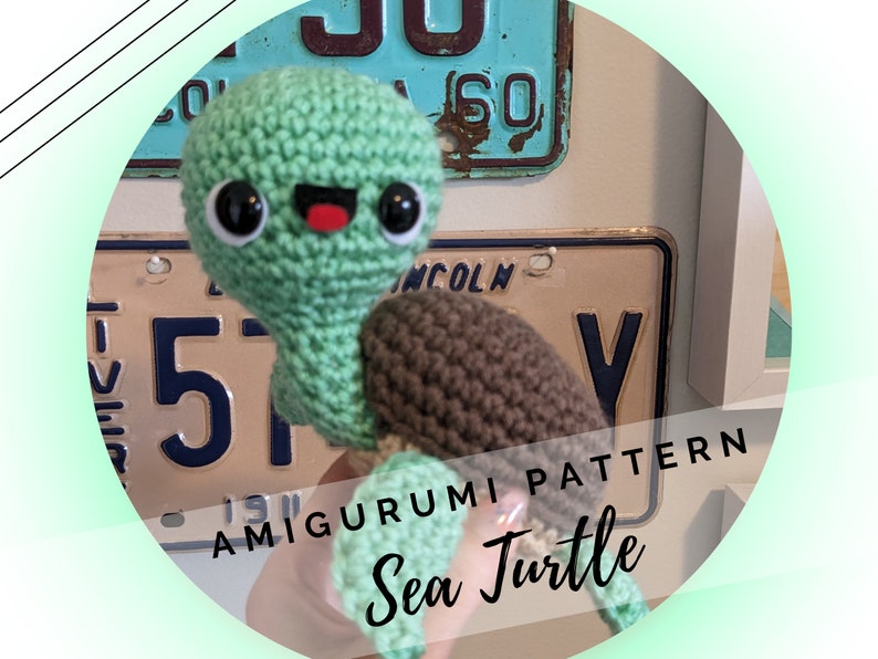 May include: A crochet amigurumi pattern for a sea turtle. The pattern includes instructions for making a green turtle with a brown shell. The pattern is called "Amigurumi Pattern Sea Turtle".