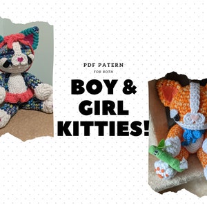 May include: PDF pattern for crocheting a boy and girl kitty. The girl kitty is blue, white, and pink with a pink bow. The boy kitty is orange, white, and blue with a blue bow tie. Both kitties are sitting on a surface.