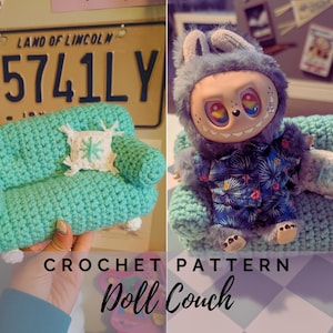 May include: A light teal crocheted doll's couch with a matching cushion. A doll wearing a blue floral shirt and a grey furry hat is seated on the couch. The text "CROCHET PATTERN Doll Couch" is at the bottom of the image.