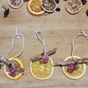 Dried Orange Ornaments – Frosted Berries, Cinnamon & Gold Bell Accents – Unique Handmade Christmas Tree Decor – Set of 5