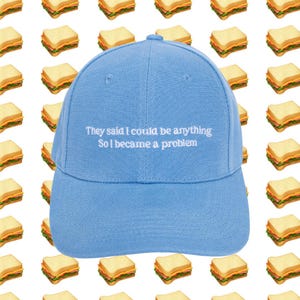 May include: A light blue baseball cap with white embroidery that reads "They said I could be anything So I became a problem".