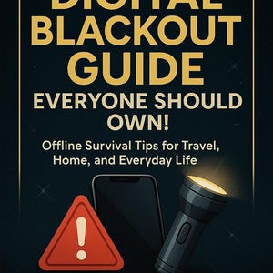 May include: A book cover with the title "THE DIGITAL BLACKOUT GUIDE" in gold letters. It includes a red warning sign, a smartphone, and a flashlight. The text reads "EVERYONE SHOULD OWN!" and "Offline Survival Tips for Travel, Home, and Everyday Life."