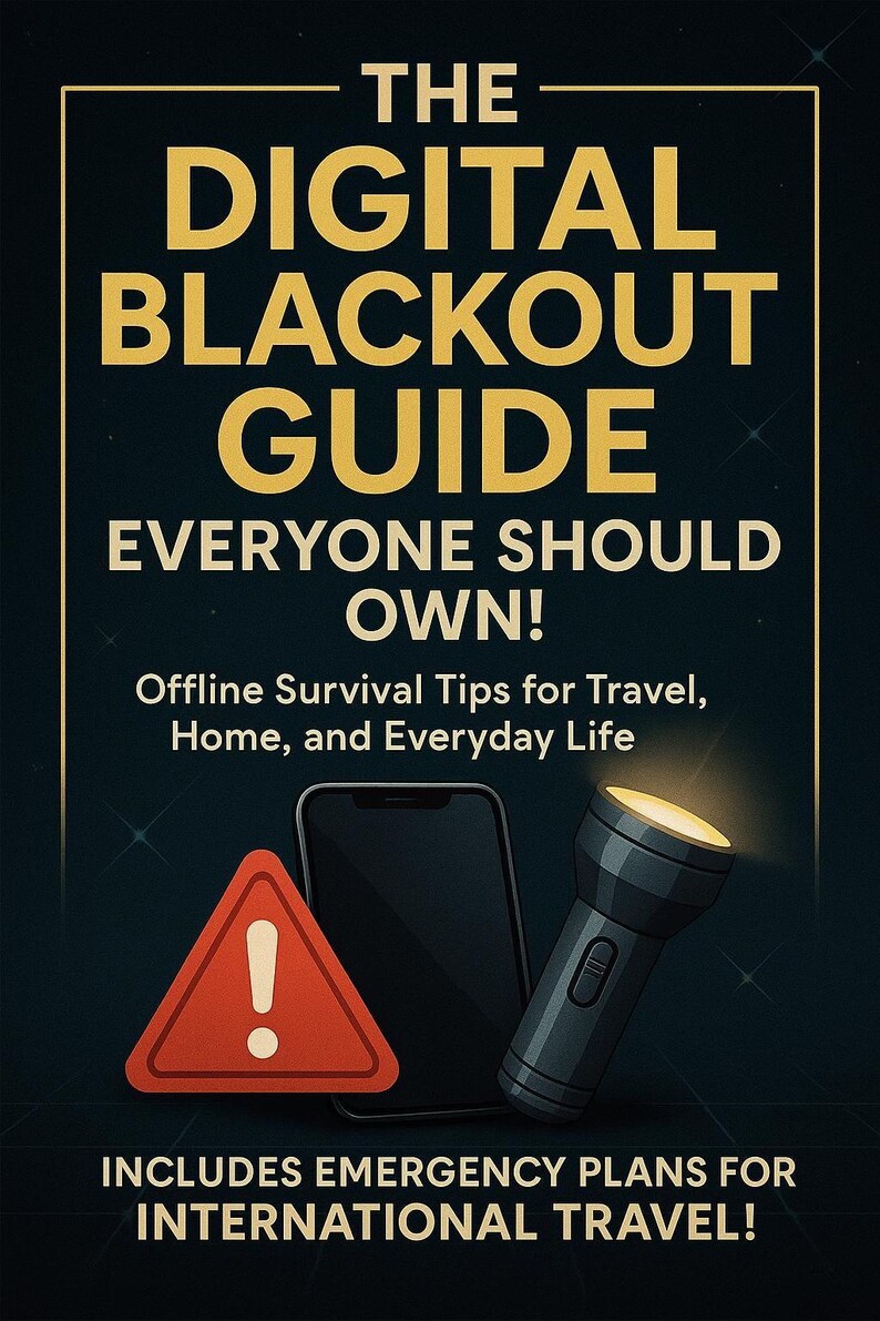 May include: A book cover with the title "THE DIGITAL BLACKOUT GUIDE" in gold letters. It includes a red warning sign, a smartphone, and a flashlight. The text reads "EVERYONE SHOULD OWN!" and "Offline Survival Tips for Travel, Home, and Everyday Life."
