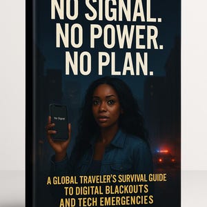 May include: Book cover with the text "NO SIGNAL. NO POWER. NO PLAN." A woman holds a phone with "No Signal" displayed. The book's title is "A GLOBAL TRAVELER'S SURVIVAL GUIDE TO DIGITAL BLACKOUTS AND TECH EMERGENCIES."