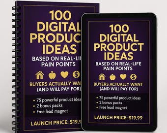 May include: A spiral-bound notebook and a tablet display the text "100 DIGITAL PRODUCT IDEAS" in gold lettering on a dark purple background. The text is accompanied by icons and bullet points listing features.