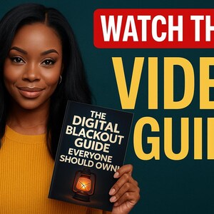 May include: A woman holding a flashlight and a book titled "The Digital Blackout Guide Everyone Should Own." The background features the words "WATCH THIS!" and "VIDEO GUIDE" in bold text. The woman is wearing a yellow sweater.