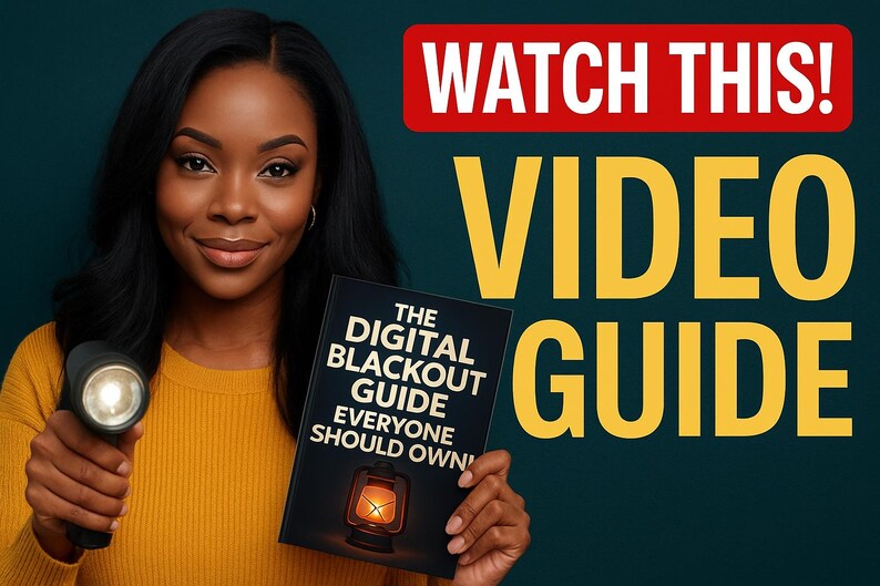 May include: A woman holding a flashlight and a book titled "The Digital Blackout Guide Everyone Should Own." The background features the words "WATCH THIS!" and "VIDEO GUIDE" in bold text. The woman is wearing a yellow sweater.