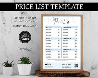 May include: A framed price list template with a light blue and white design. The text "PRICE LIST TEMPLATE" is at the top. The price list includes sections for services and prices. The words "Editable Price List" and "Instant Download" are also visible.